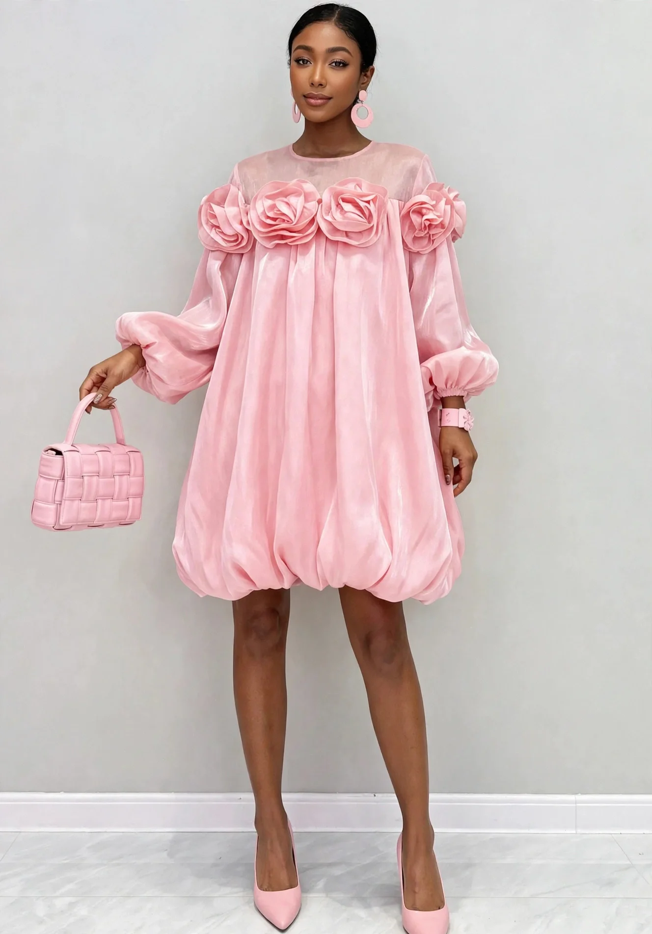 Long Puff Sleeve 3D Floral Tulip Chic Summer Dress