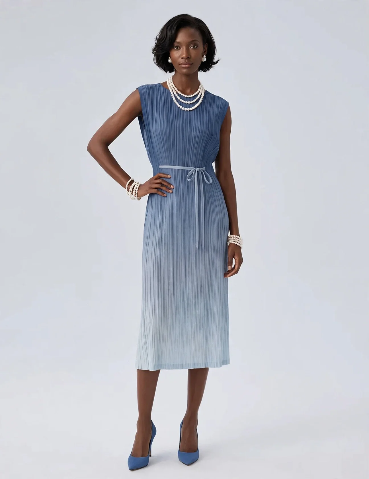 Chic Elegant Blue Gradient Color Sleeveless Pleated Modest Dress