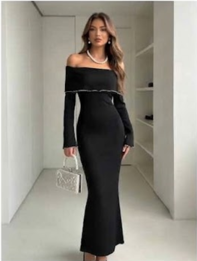 Casual Elegant Off Shoulder Medium Stretch Fit Trumpet Sleeve Maxi Dress