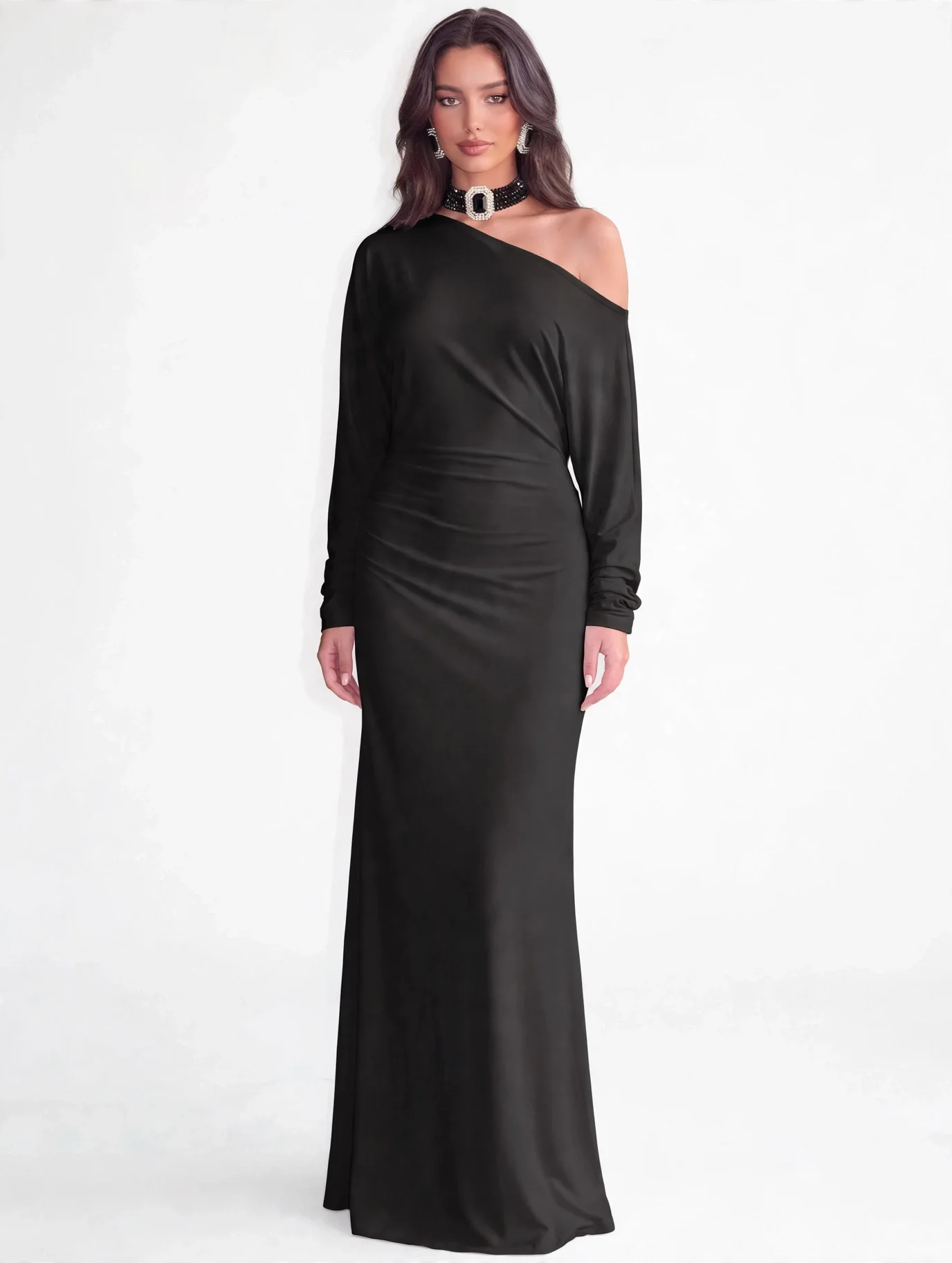 One-Shoulder Batwing Sleeve, Black, Burgundy Maxi Dress | Vogue Harbour