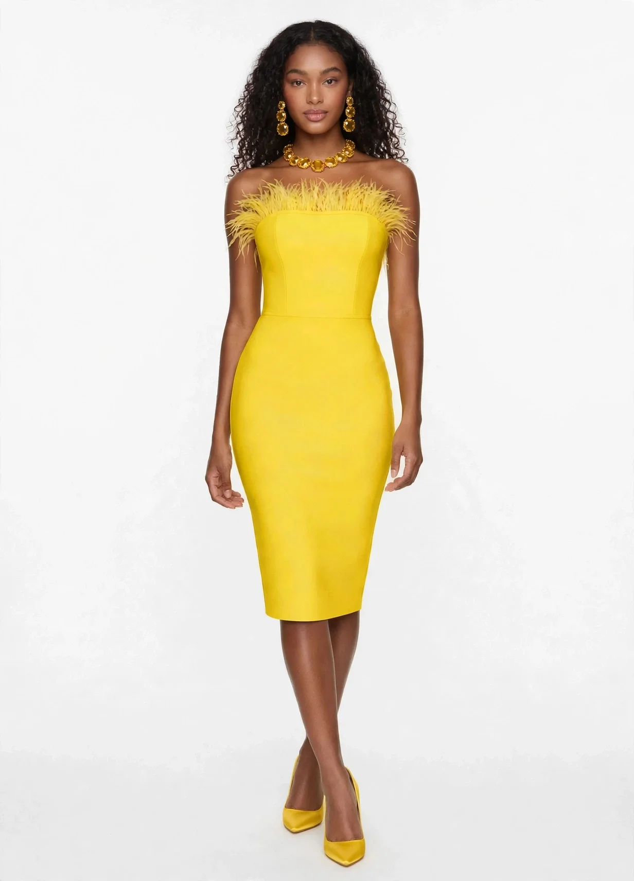 Feather-Trimmed Bodycon Bandage Party Dress