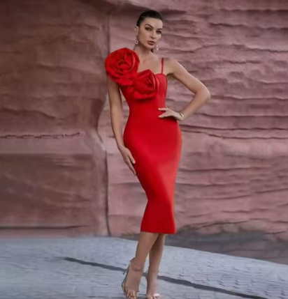 Women's 3D Flowers Decorative Bandage Midi Party Dress