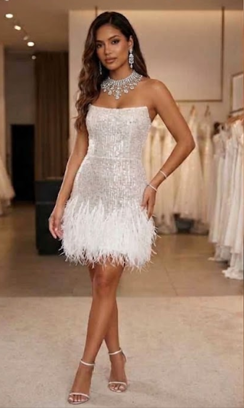 2026 Fashion Sequin Elegant Strapless Feather Short Dress