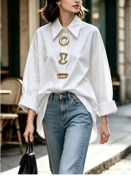 Women's Loose Embellished Long Sleeve Blouse