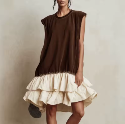 Woman Wearing  Brown and White Color Block Raw Edge Sleeveless T-Shirt Ruffle Hem Mini Dress