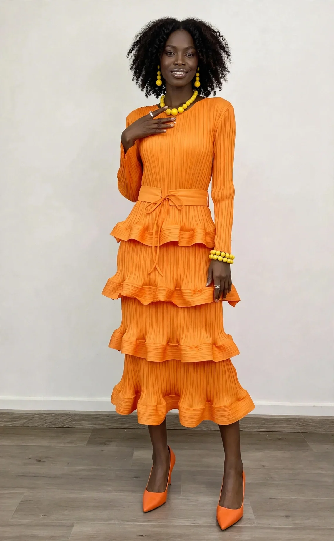 Pleated Round Neck Solid Color Ruffles Cake Multi-Layered Belted Midi Dress