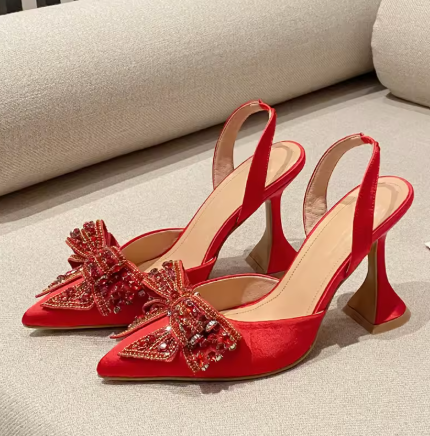 Women's Sequined Red Crystal Bowknot High Heel Pumps