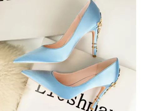 Women's Metal Flower Satin High Heel Shoes