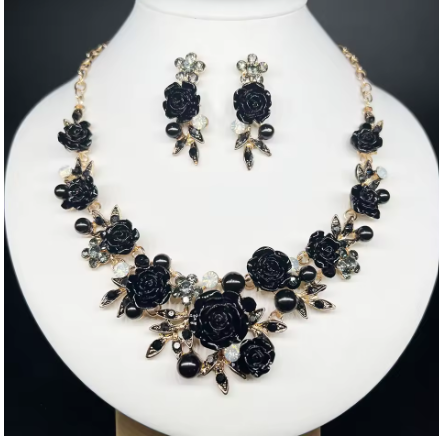 Black Flower Crystal Jewelry Necklace and Earring Set