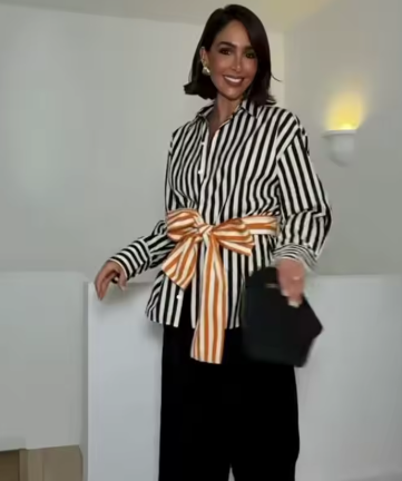 New  Loose Stripe Elegant Women's Belted Shirt