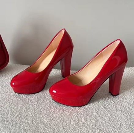 Women's Red Patent Leather Thick High Heel Shoes
