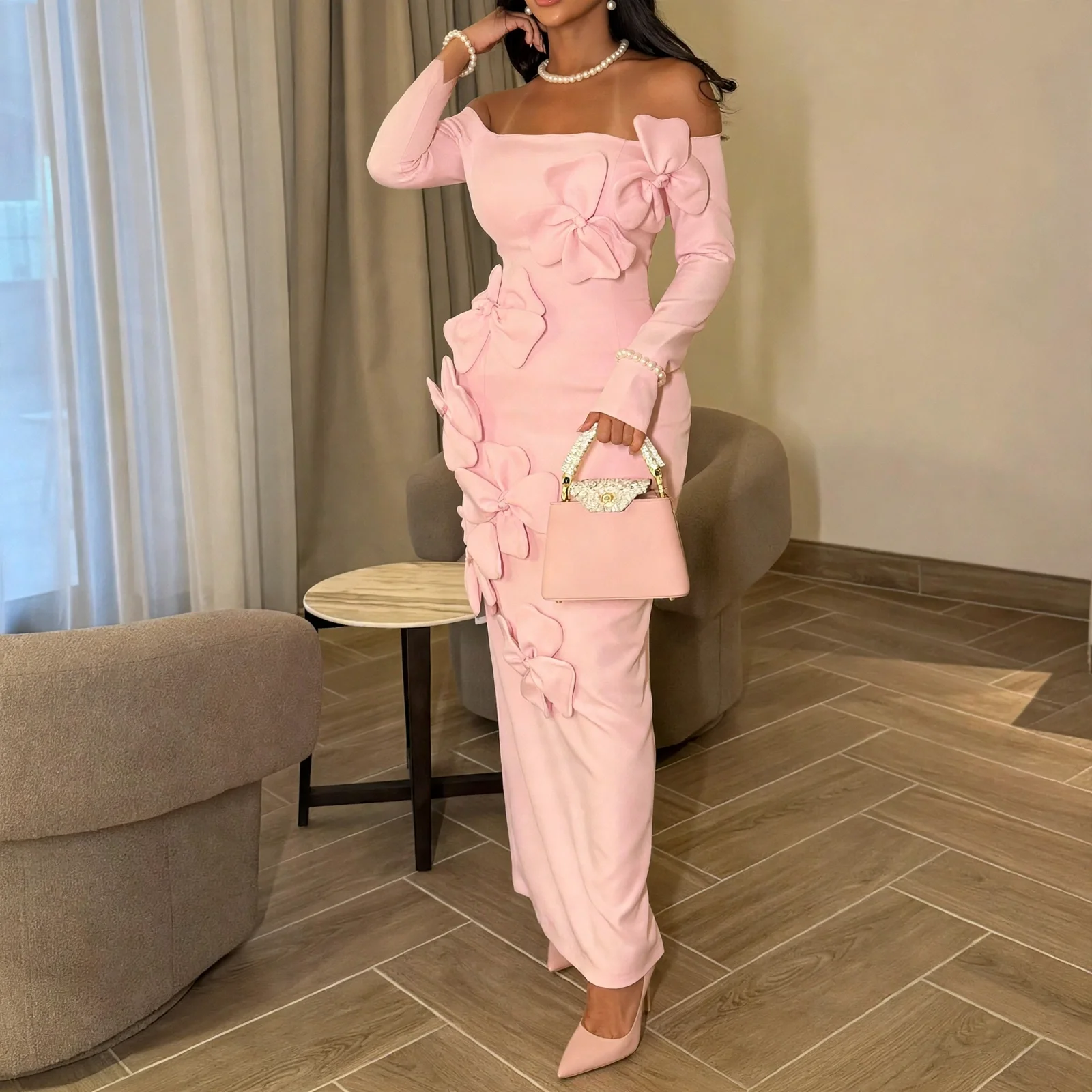 Elegant Pink Off Shoulder Long Sleeve Fashion 3D Flower Dress