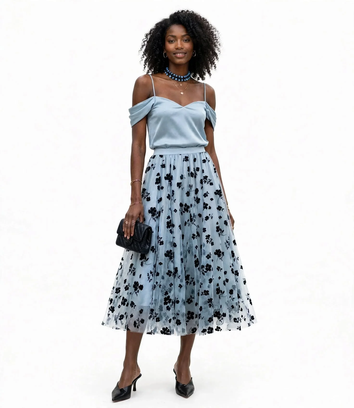 Women's Elegant Floral Elastic Waist Tulle Midi Skirt