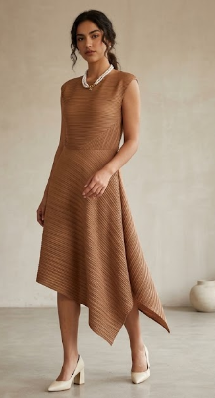Woman Wearing Brown Asymmetrical Hem O-Neck Pleated Midi Dress