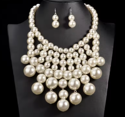 Multi Layered Faux Pearl Tassel Statement Jewelry Set