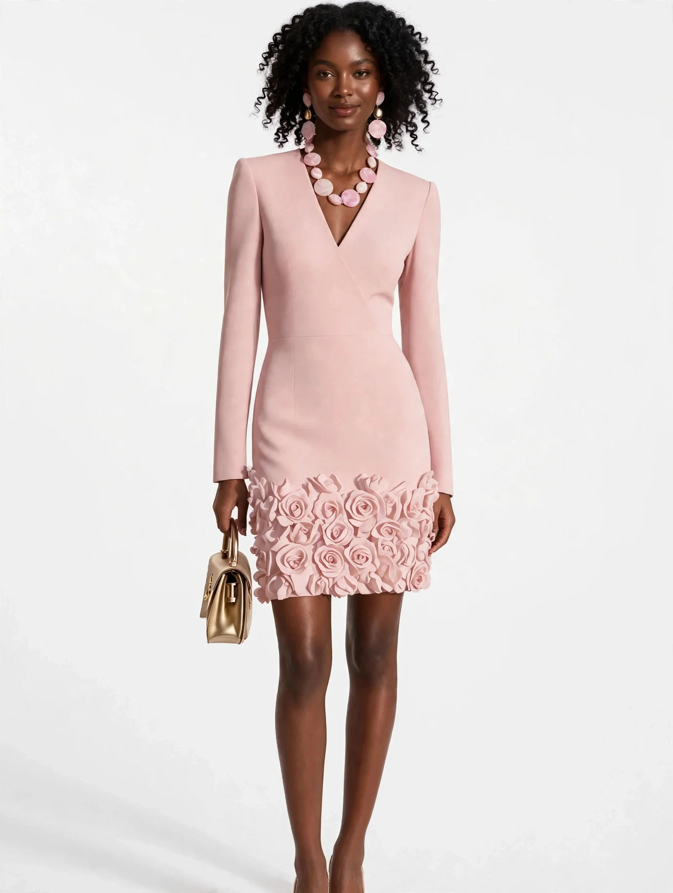 3D Floral V-Neck Long-Sleeved Party Dress