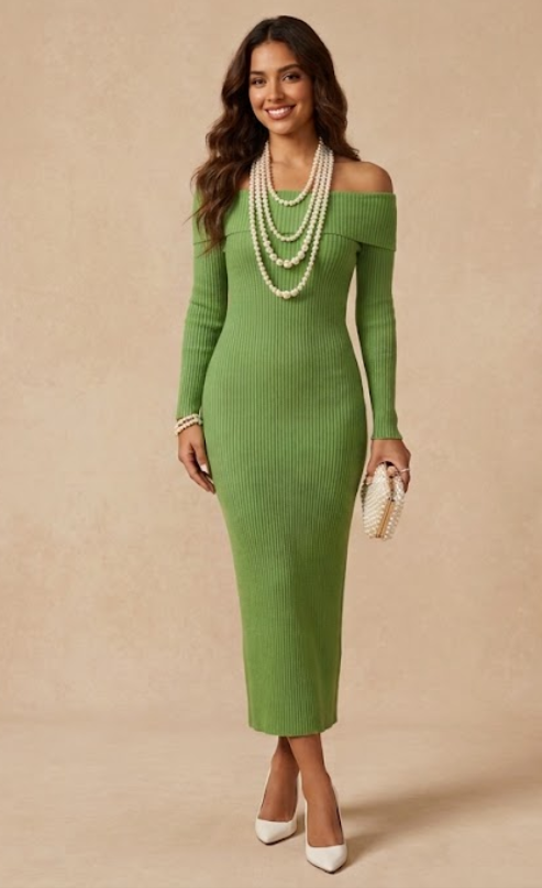 Green Knitted Long Sleeve Off Shoulder Sweater Dress Front View.png