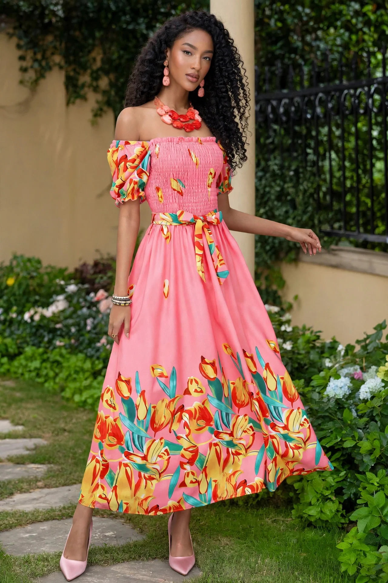 Chic Fashion Floral Elastic Waist Print Midi Dress