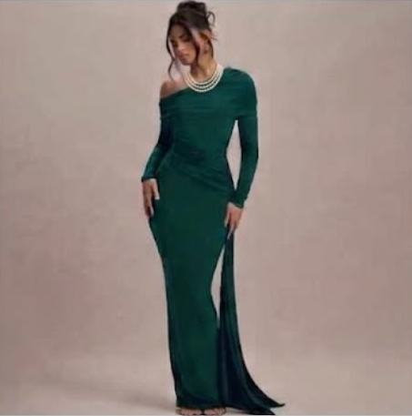 Elegant Bodycon Long Sleeve Slanted Neckline Maxi Dress