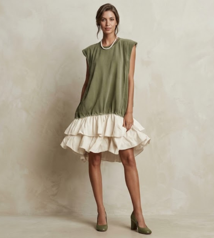 Woman Wearing  Green and White Color Block Raw Edge Sleeveless T-Shirt Ruffle Hem Mini Dress