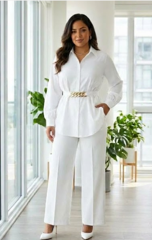 French-Inspired White Shirt with Adjustable Belt