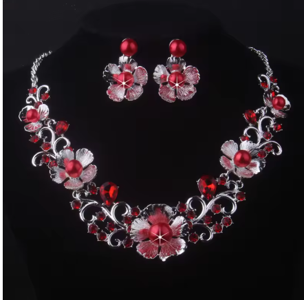 Statement Flower Evening Wear Necklace and Earring Jewelry Set