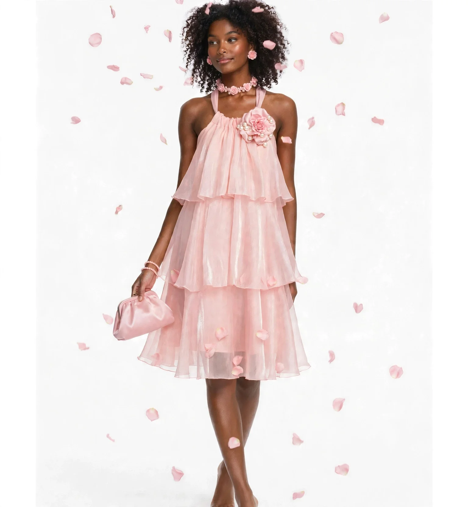 Tiered Ruffled Midi Chiffon Party Dress