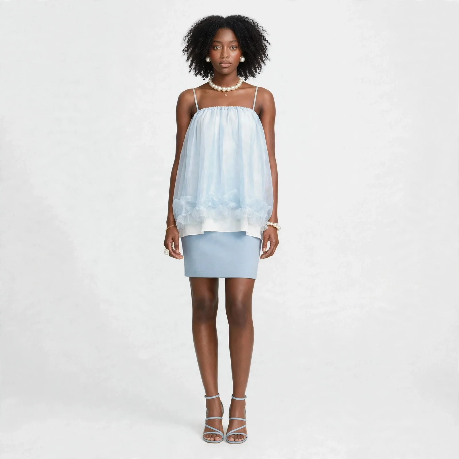 Light Blue Spaghetti Strap Lace Trim Blouse