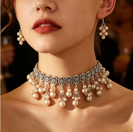 Imitation Pearl Tassel Necklace and Earrings Bohemian Statement Choker Set