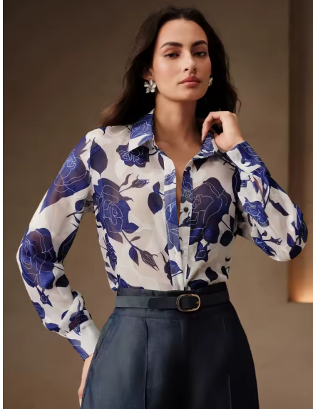 Long Sleeve Blue Floral Print Button-Down Shirt