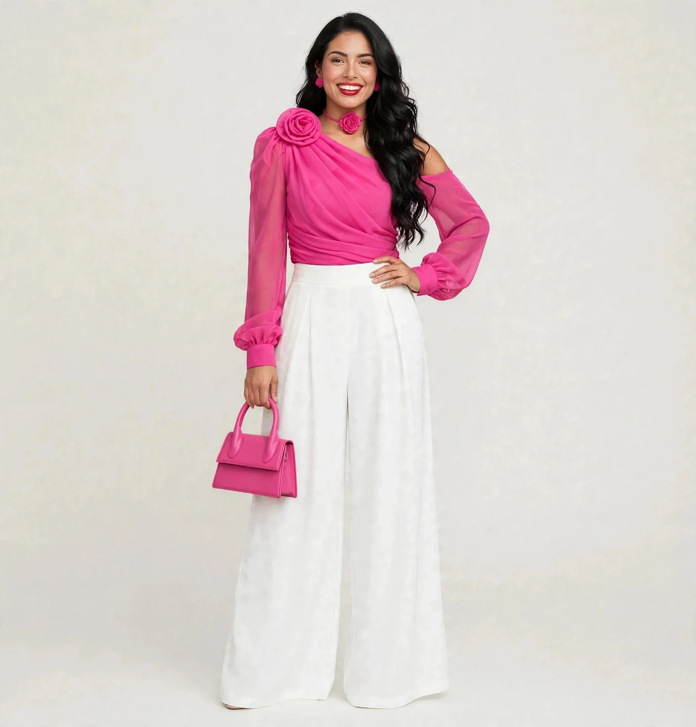 3D Flower Slanted Neckline Chiffon Blouse