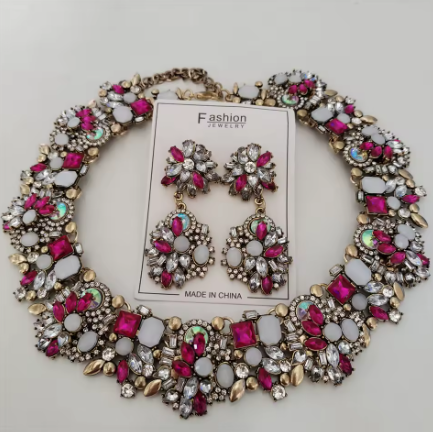 Glass Crystal Fashion Choker Necklace and Earrings Jewelry Set