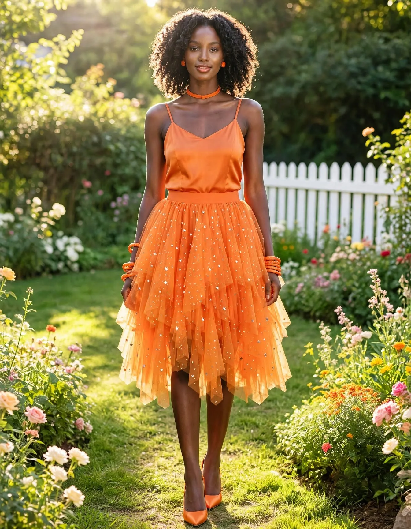 A woman in an orange satin spaghetti strap top and a layered orange tulle skirt with star embellishments standing in a sunlit garden with colorful flowers and a white picket fence.
