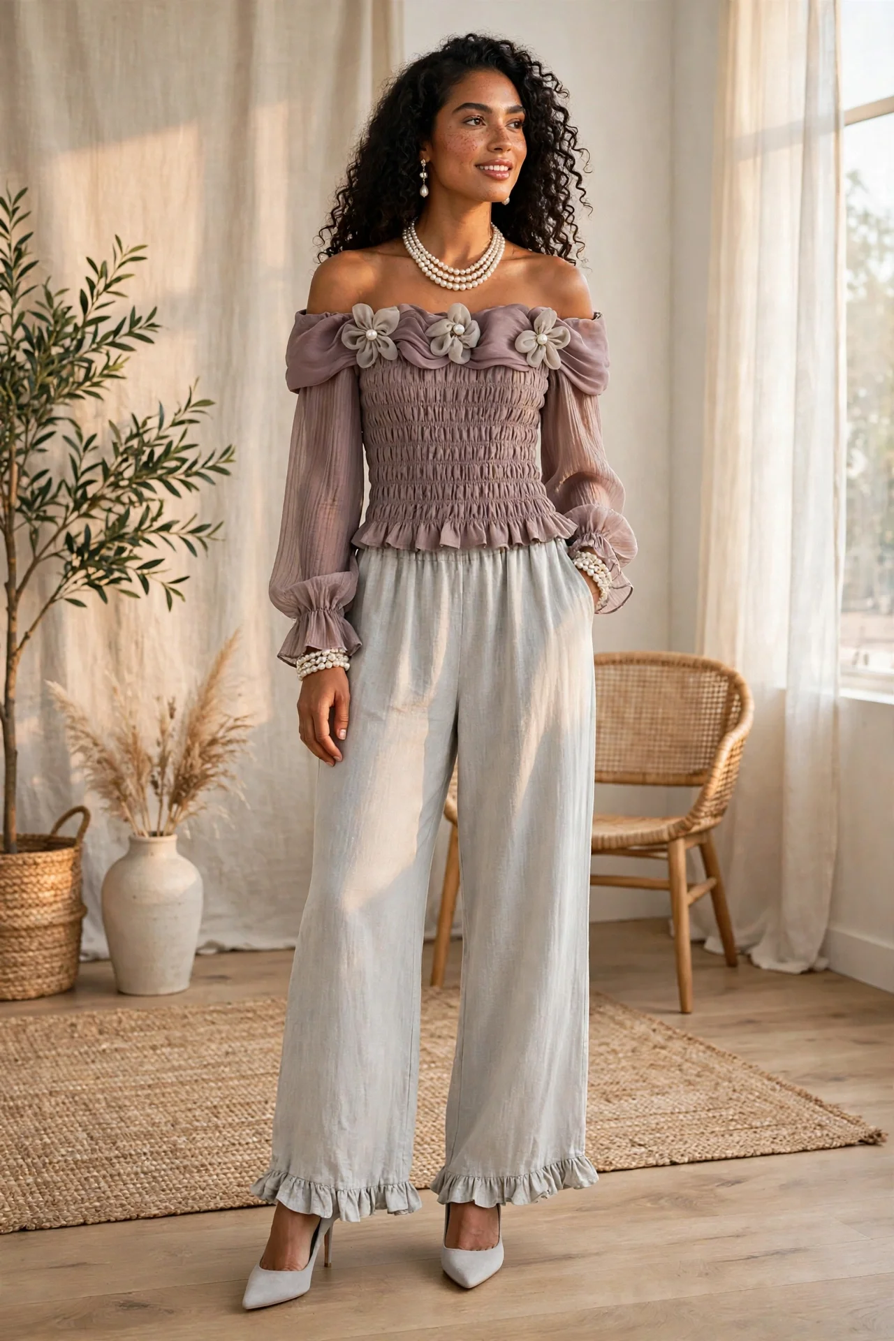 Chic Off Shoulder Puff Sleeve Elasticized Party Blouse