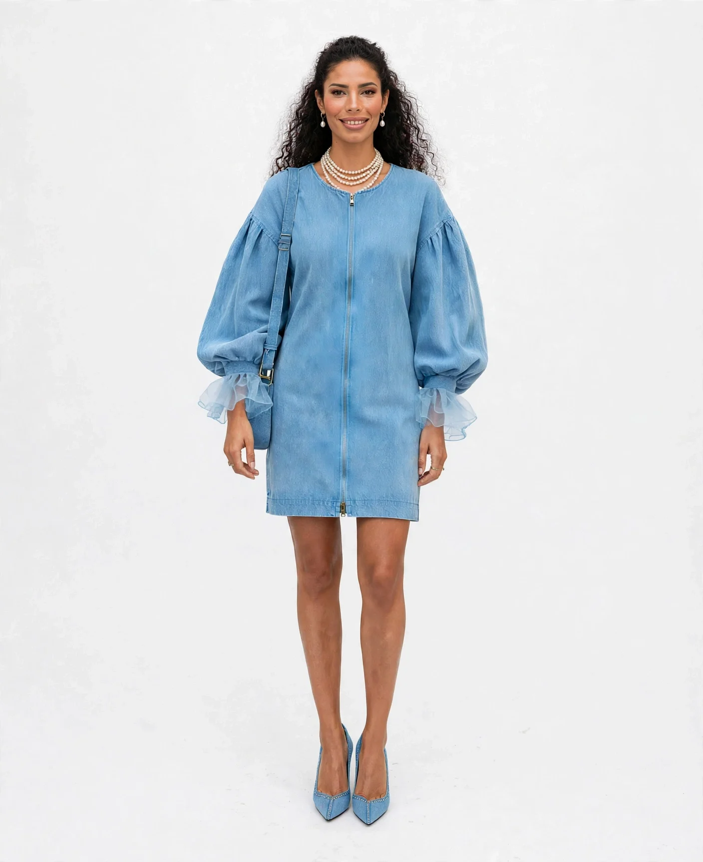 New Denim Lantern Organza Ruffle Sleeve Cuff High Street Dress