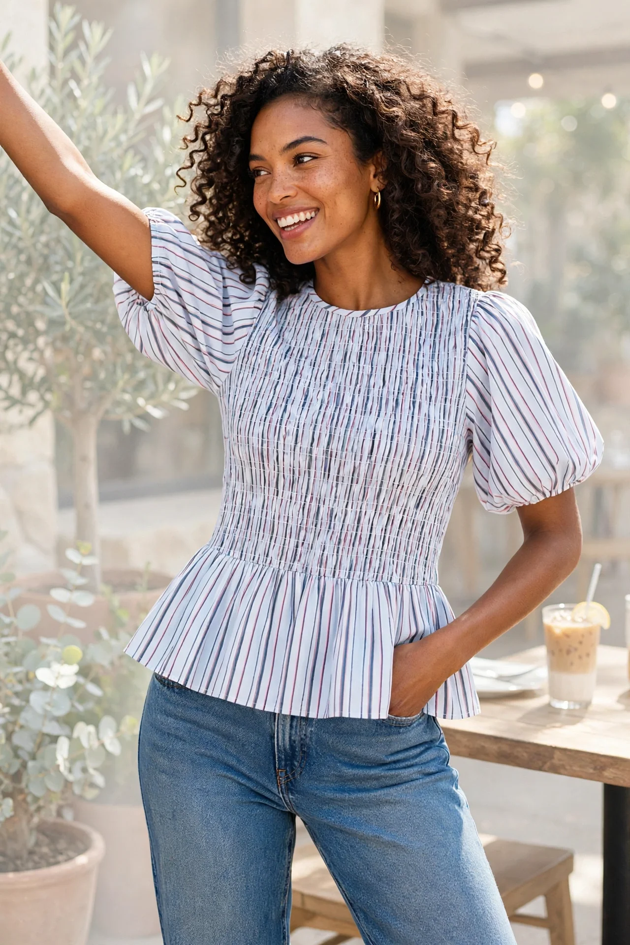 Women's 2026 New Summer Puff Sleeves Elasticised Stripe Blouse | Vogue Harbour