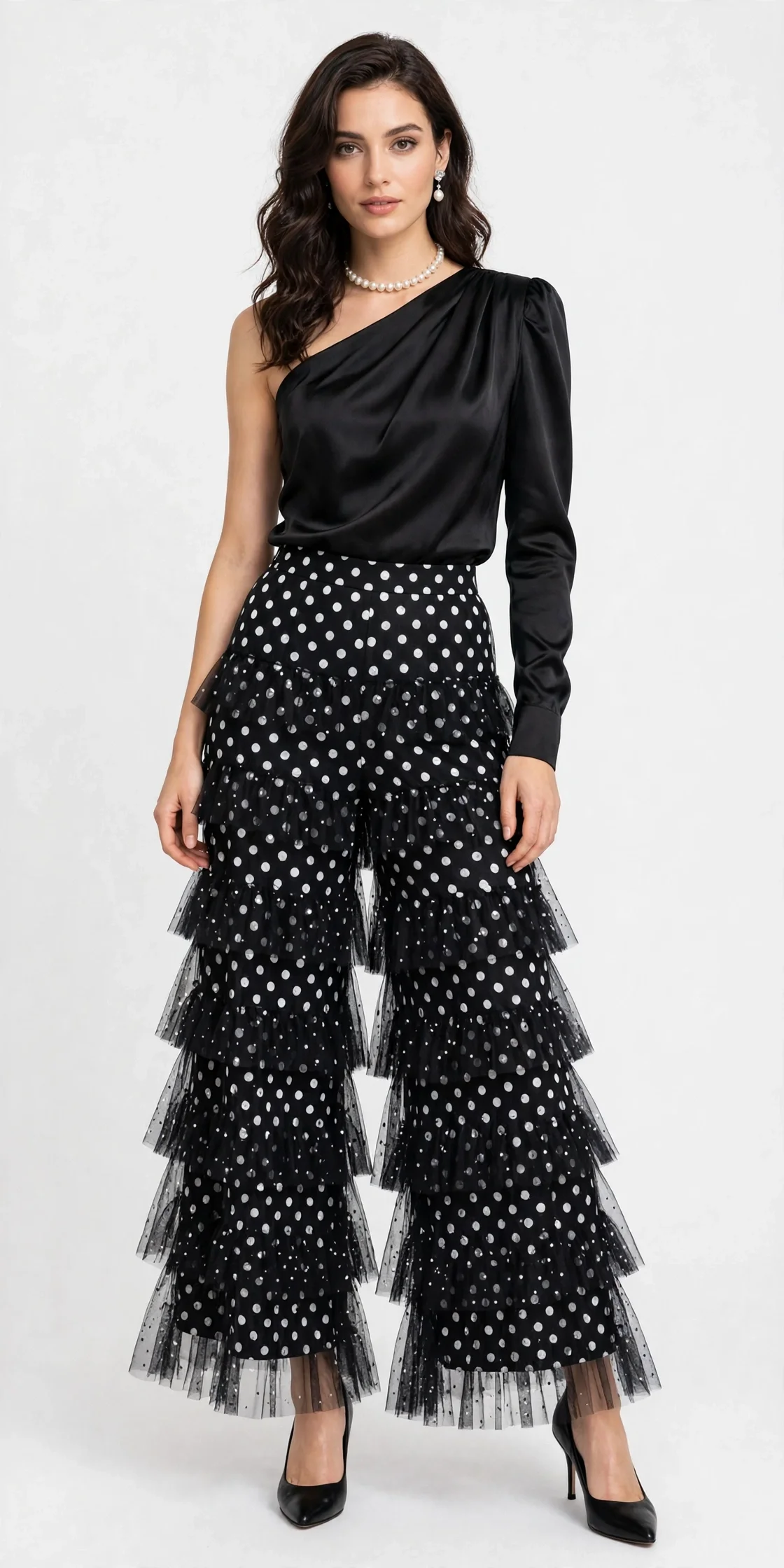 Tulle Polka Dot Print Elastic High Waist Tiered Loose Wide Leg Pants