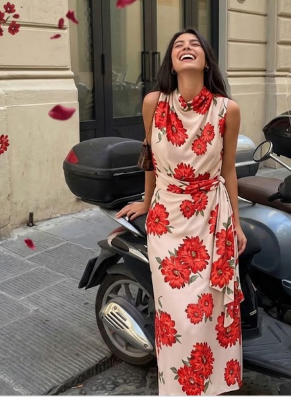 Women's Fashion Flower Print Sleeveless Long Belted Dress
