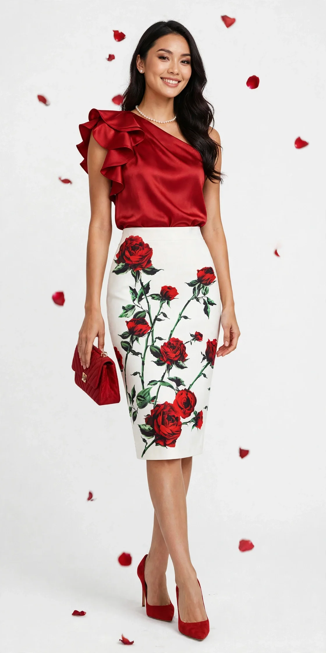Women's Bodycon High Waist Red Rose Print Skirt