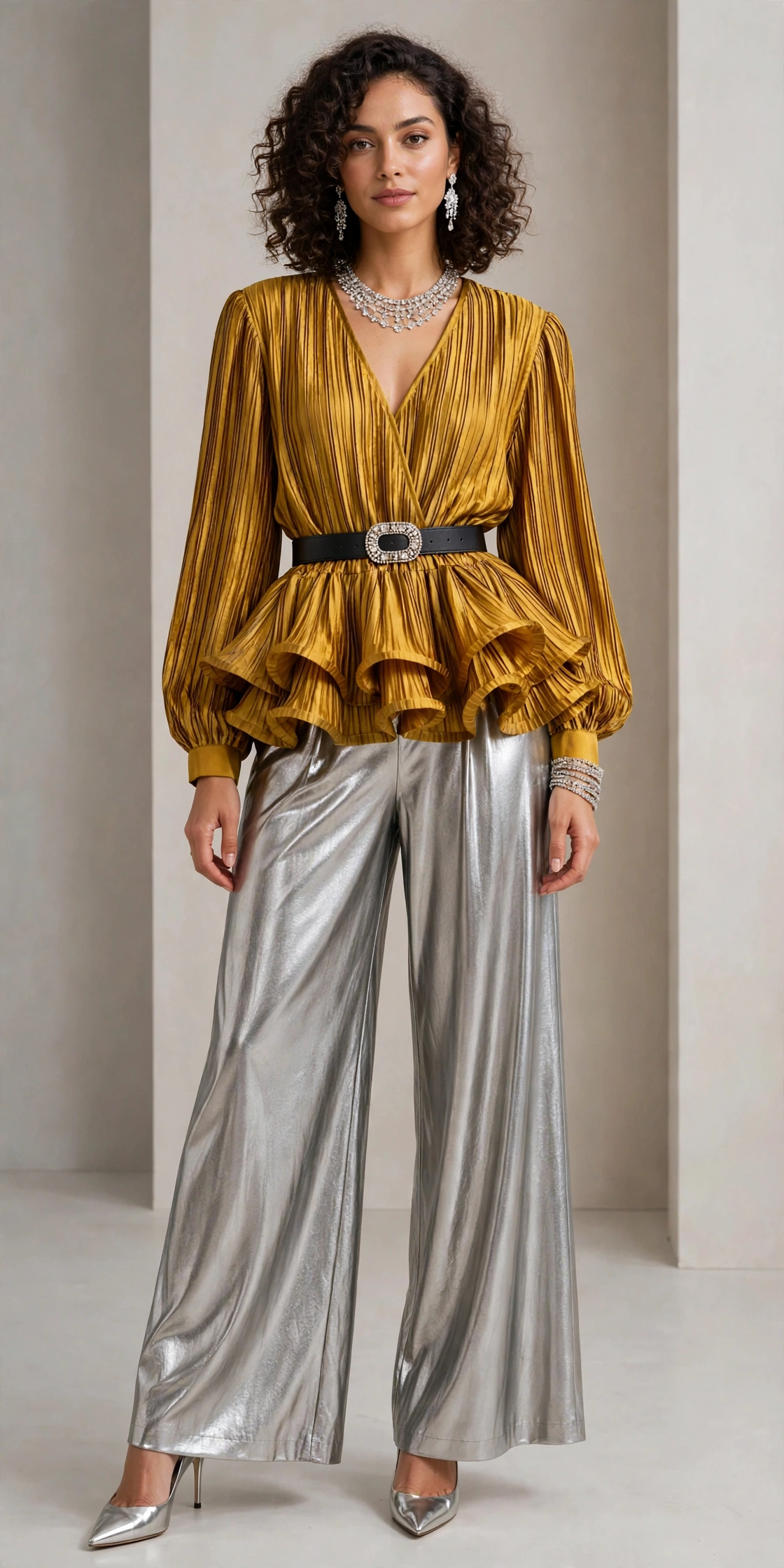 Women Lantern Sleeve V-neck Elastic Waist Elegant Ruffle Holiday Blouse