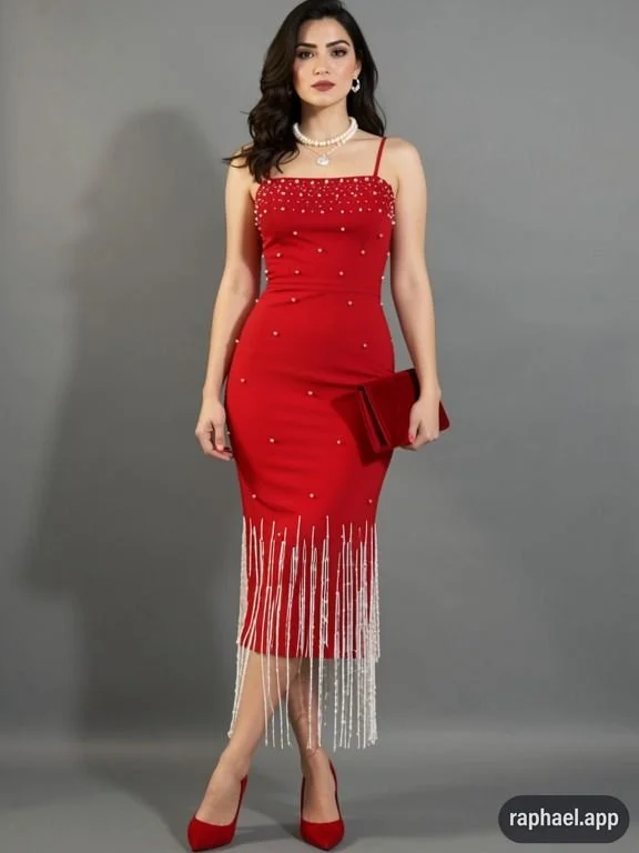 Women's Red Tassel Pearl Fringe Evening Dress