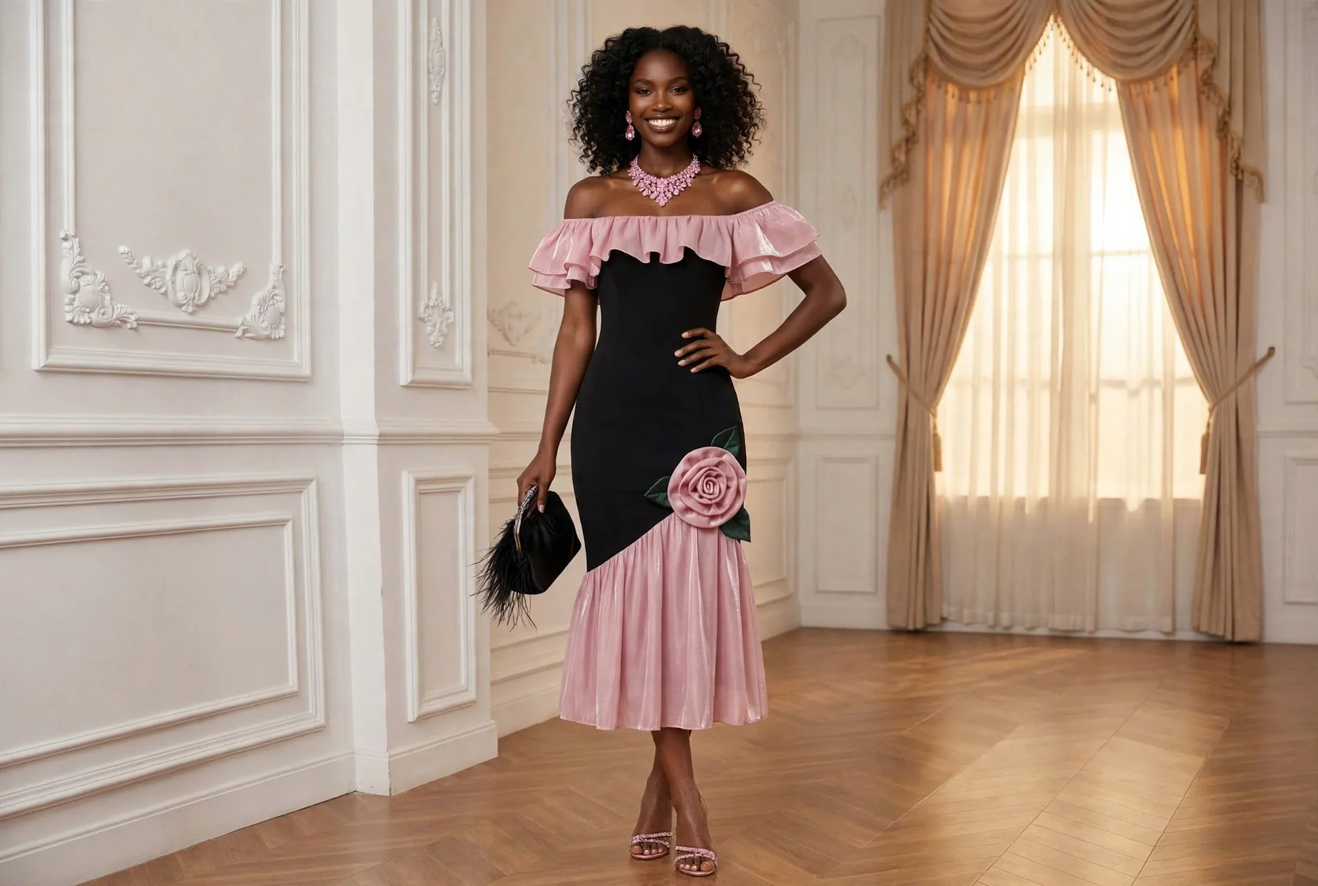 Pink and Black Colorblock Formal Evening Cocktail Elegant Midi Dress