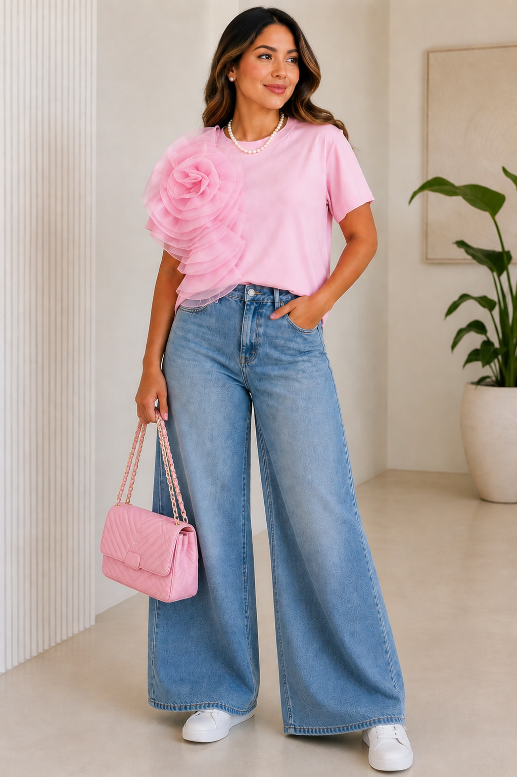 Women's Short Sleeve Oversized 3D Flower Cotton Casual T-Shirt