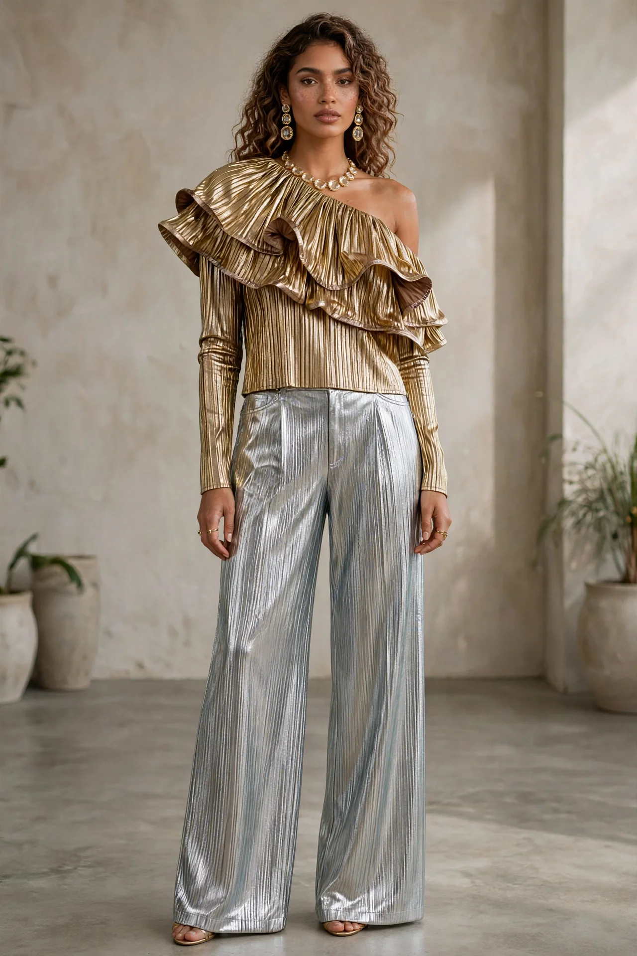 Off Shoulder Ruffles Loose Pleated Mettalic Blouse