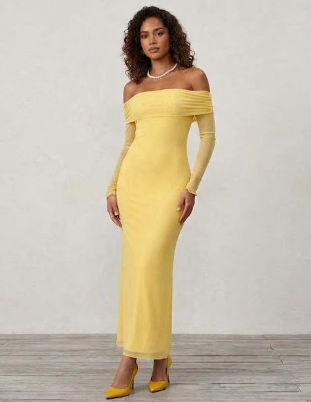 Women's Off Shoulder Yellow Ruched Maxi Dress