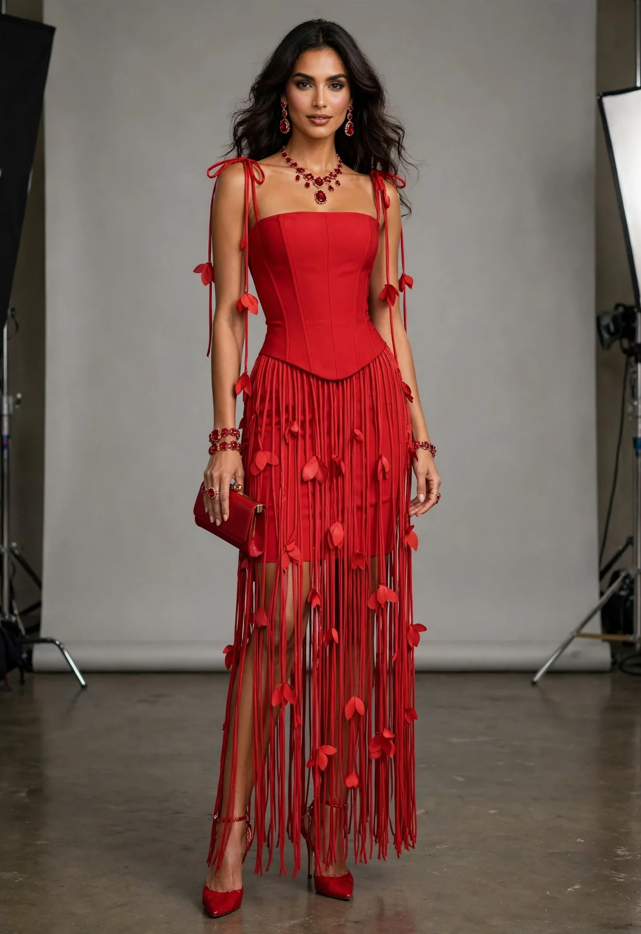 A woman in a glamorous red dress with ribbon details and long fringe, holding a matching red clutch, wearing red heels, jewelry, and earrings, in front of a neutral backdrop in a studio setting.