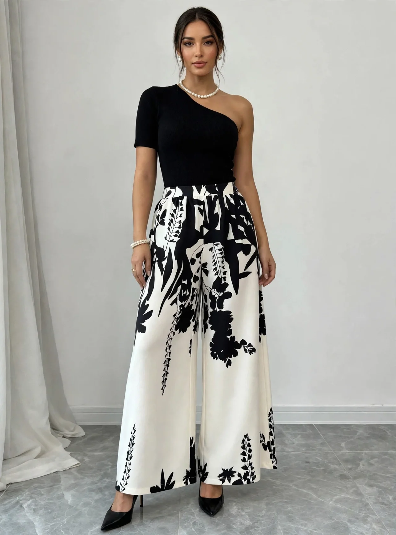 Women's Tropical Print Elastic Waist Design Wide-Leg Pants