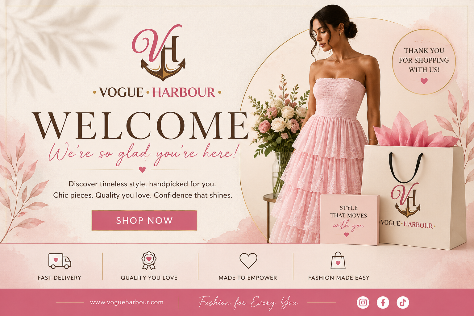 An advertisement for Vogue Harbour featuring a woman in a pink dress, flowers, shopping bags, and text welcoming customers and promoting stylish, quality fashion. The design uses soft pink and cream tones with floral accents.