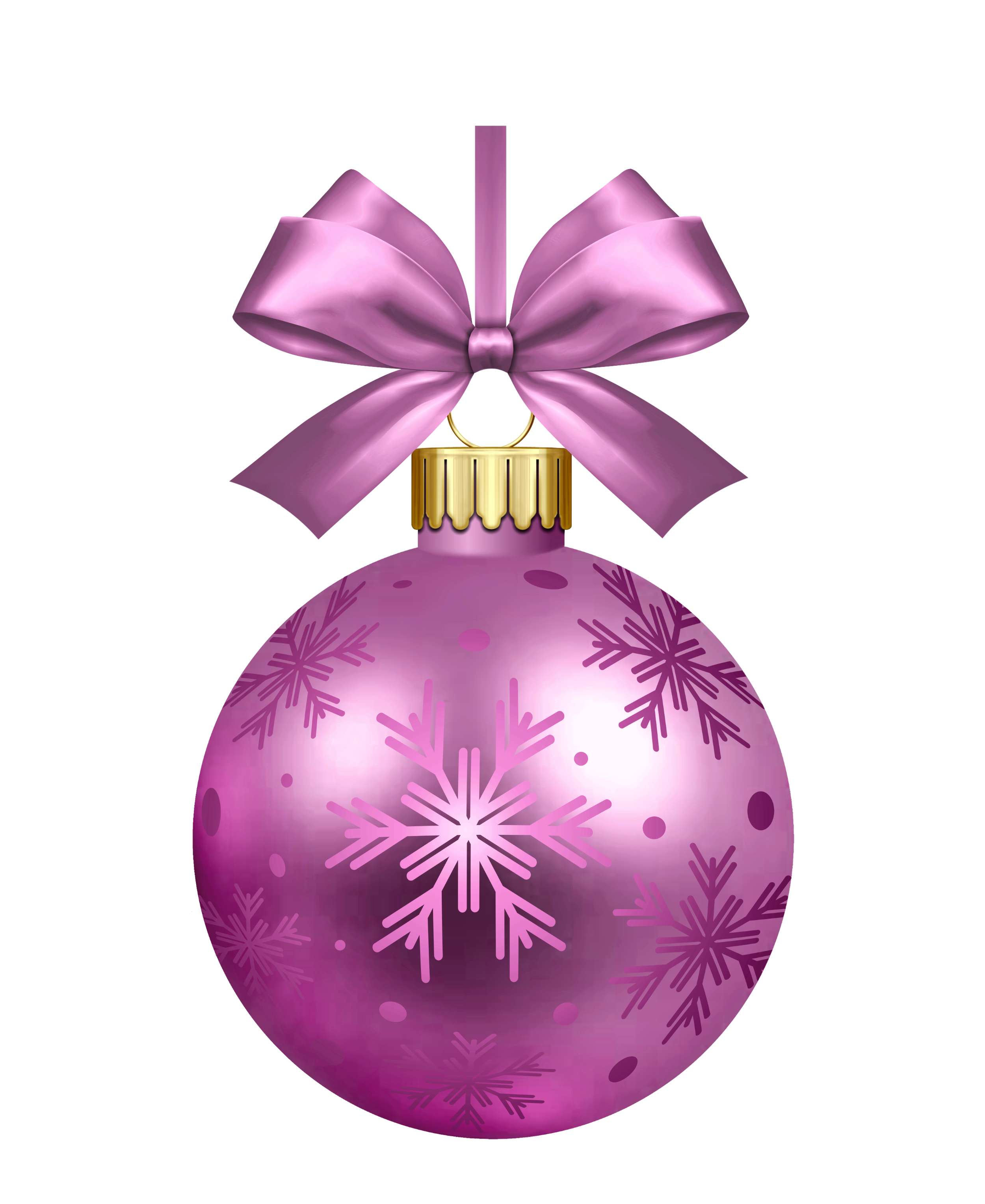 A pink Christmas ornament with snowflake patterns and a large pink ribbon bow at the top, hanging against a black background.