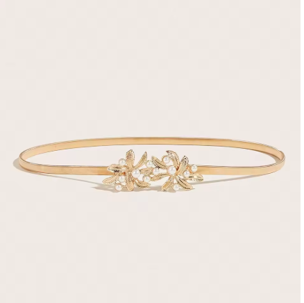 72CM Fashion Faux Gold Elastic Belt With Pearl Beads